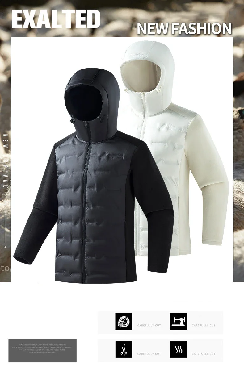 Unisex Thicken Padded Hooded Down Jacket Outdoor Running Sports Splicing Jacket Warm Comfortable Down Sports Jacket Fall Winter