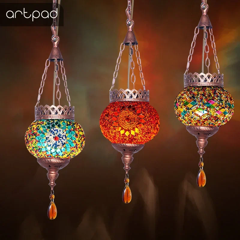 Artpad Mediterranean Style Turkish Moroccan Pendant Light Decoration Handmade Glass Shade Restaurant E27 Mosaic Hanging LampW23