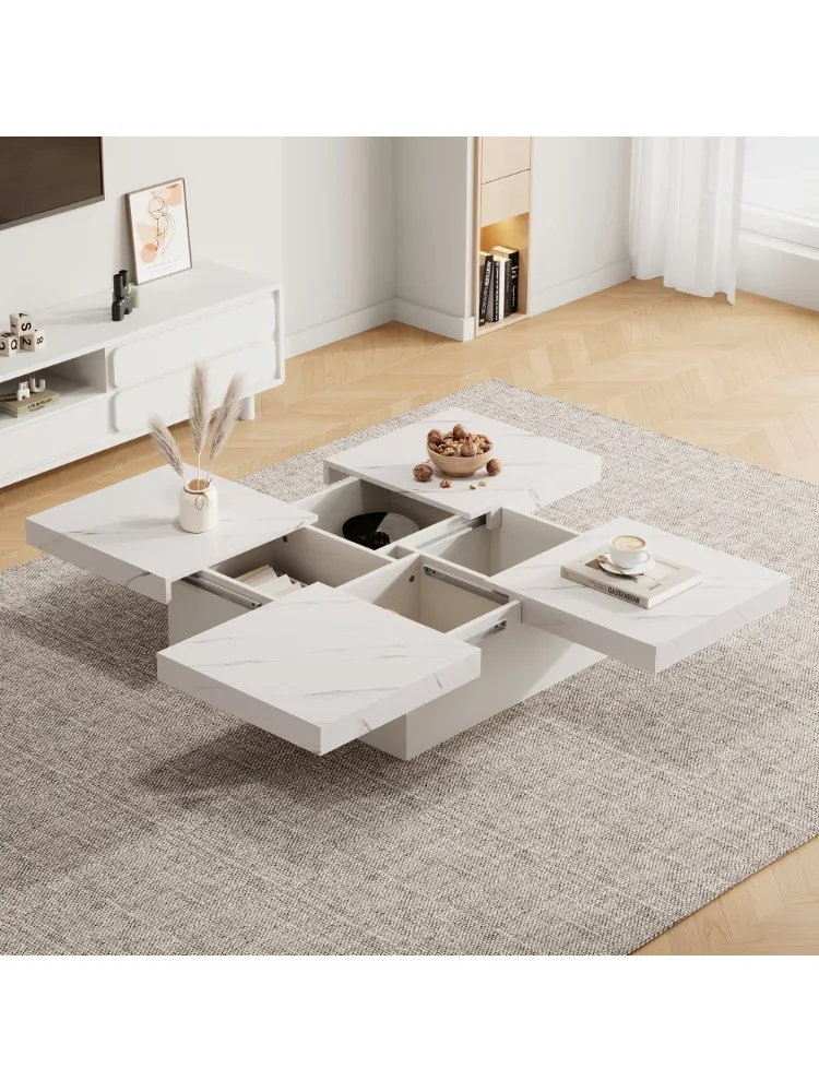 Modern square coffee table with marble look, Centre Tea Table with 4 Sliding Drawers, Coffee End Table, 90 x 90 x 25 cm, white