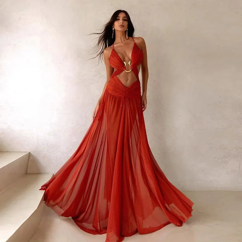 Vestido plisado de malla calado, ropa larga de playa, vestidos de noche para mujer, vestido Sexy ajustado de verano para vacaciones con cuello en V, vestido blanco y rojo