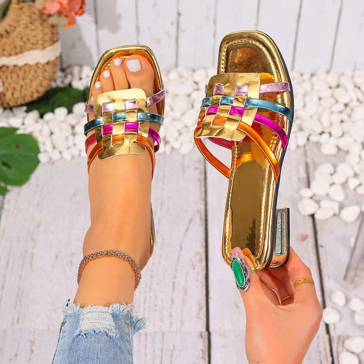 2026 New Large Size Colorful Woven Casual Flat Bottom Slippers Women Toe Exposure Fashionable All-Match High Heel Sandals view 2