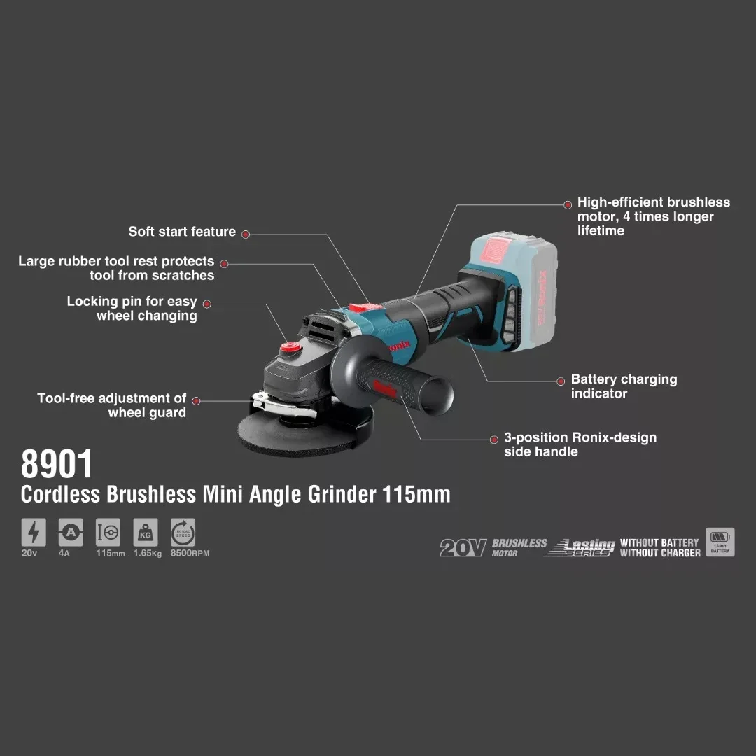 Ronix 20V In Stock 8901 Cordless Angle Grinder Battery Powered Rechargeable Power Tools Brushless Mini Disc 115mm Angle Grinder