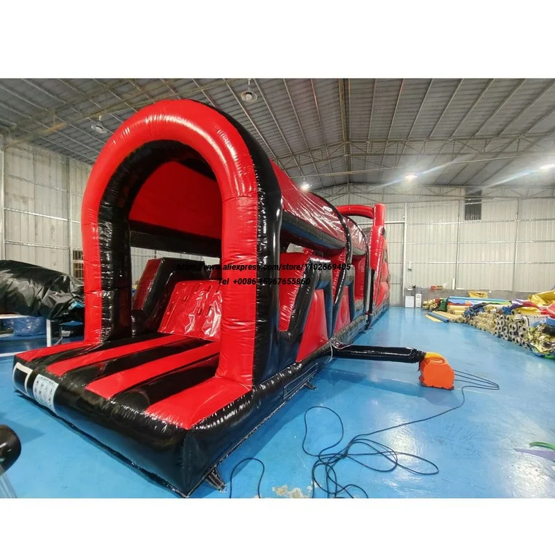 

14*3*3.5m Commercial Red and Black Fun Run Game Toy Obstacle With Slide Combo Long Inflatable Obstacle Course