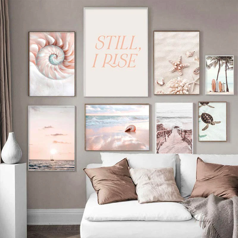 Beach Sea Wave Bridge Starfish Shell Posters Pink Ocean Sunset Wall Art Canvas Painting Prints Picture Nordic Room Home Decor