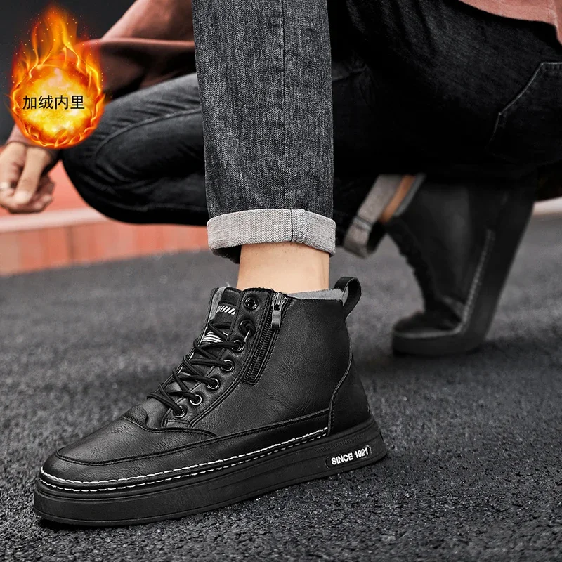 Botas masculinas de inverno sapatos de algodão quente de alta qualidade sapatos casuais de couro moda botas de tornozelo de pelúcia antiderrapante botas de negócios ao ar livre masculino