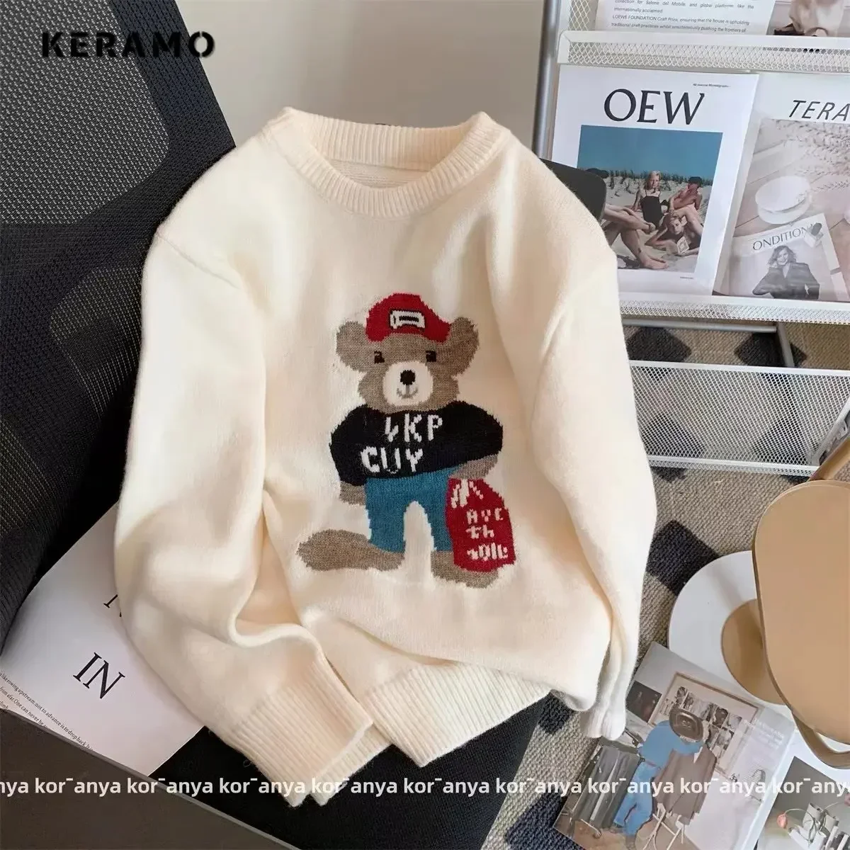 2024 Autumn Winter Women O-neck Cartoon Bear Sweater Patchwork Harajuku Korean Style Oversized Cute Long Sleeve Pullover Feamle