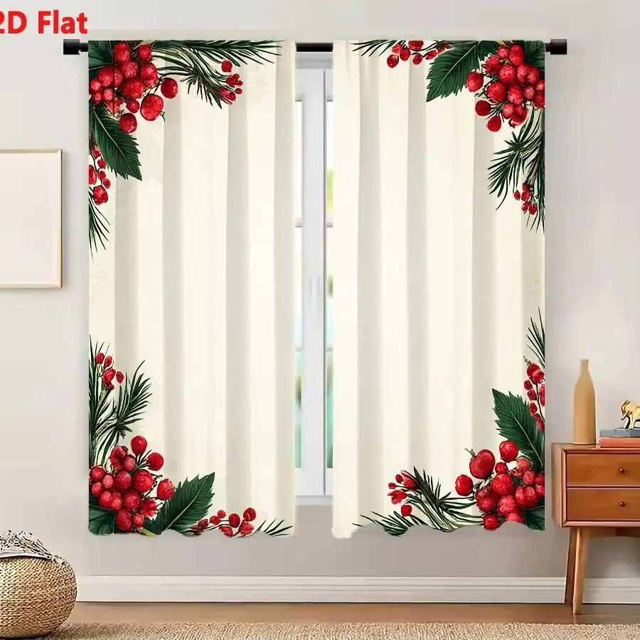 2Pcs Curtains Add 2D Flat Vintage Border With Red Berries And Green Foliage In Corners For Holiday Card Template Window Drapes f