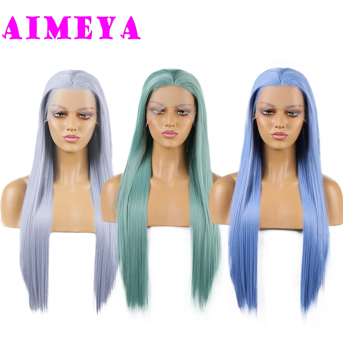 Fashion Long Straight Wig for Women Girls 13X4 Mint Green Lace Front Wig Heat Resistant Synthetic Hair Light Grey/Blue Wigs