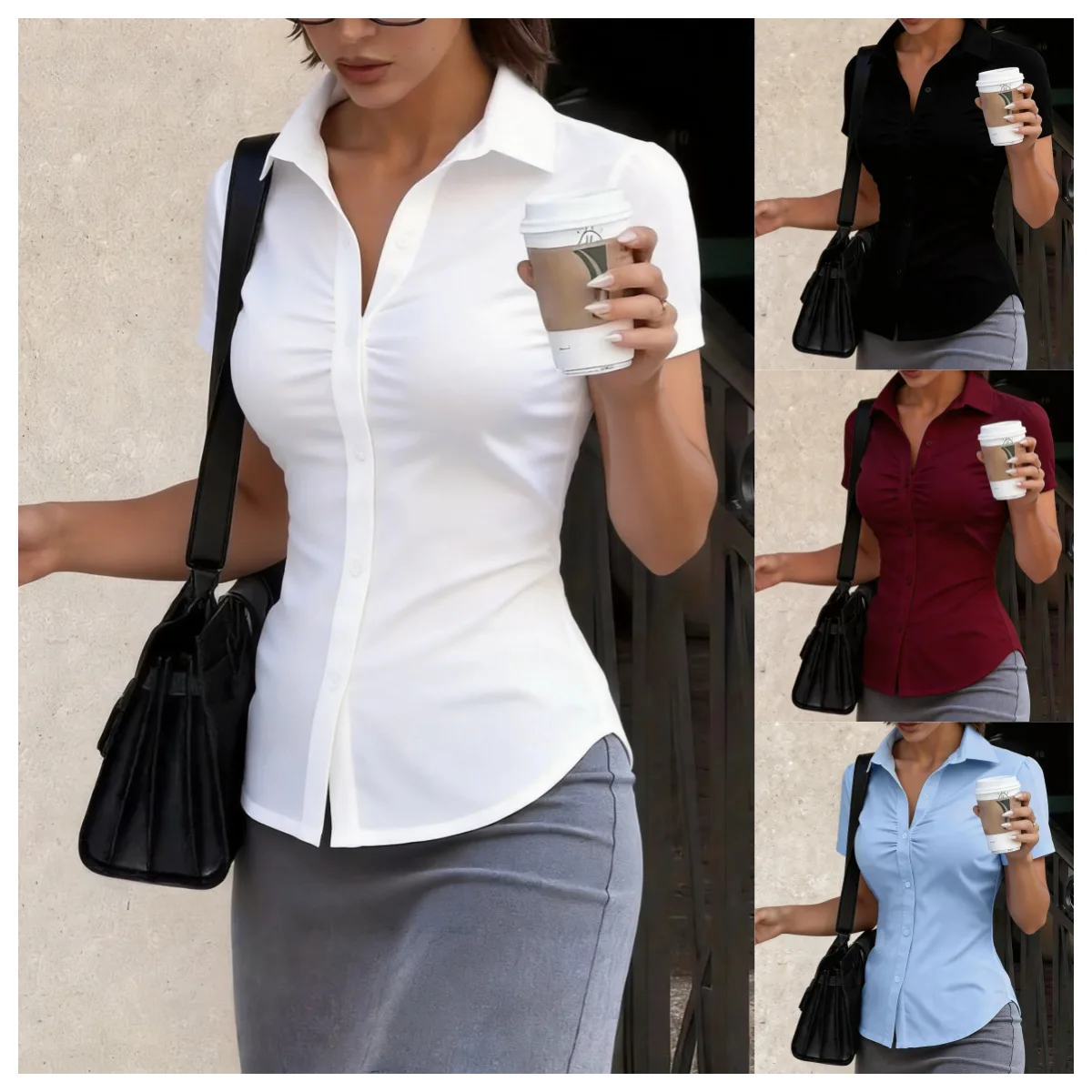 

2026 New Casual Women's Chest Pleated Short-Sleeved Lapel Shirt Professional Commuting Slim Office Shirt