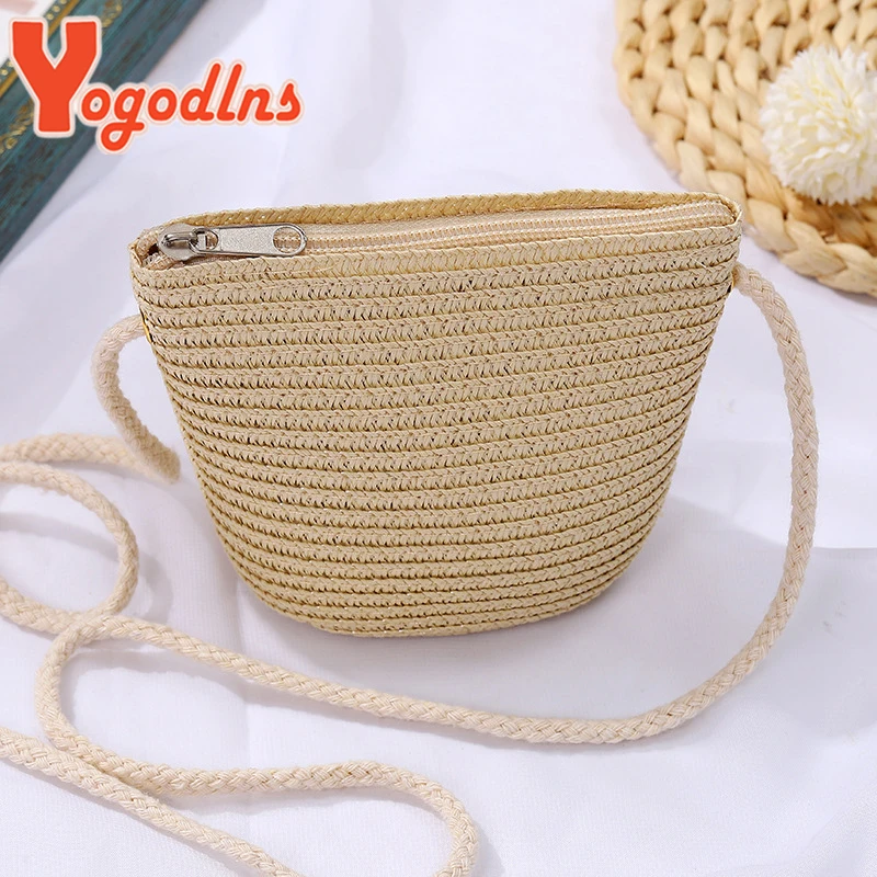 Yogodlns Flap Small Crossbody Shoulder Bag Women Straw Woven Beach Bag Ladies Rattan Handmade Knitted Bucket Mini Purse Handbags