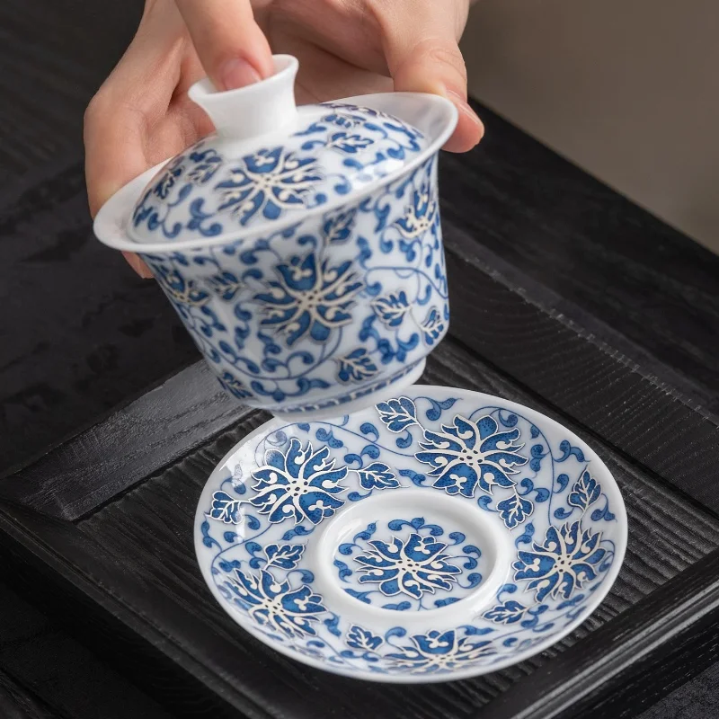 Blue and white Sancai cover bowl, high-grade ice seed tracing silver tea bowl with cover 2026 new kung fu tea set