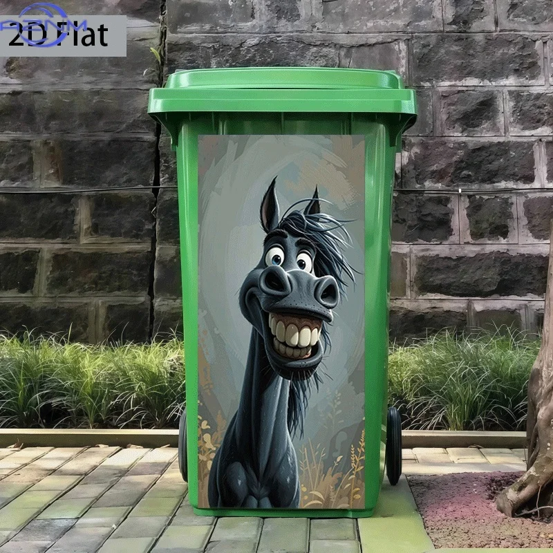 2D Flat Printing 1pc Trash Can Sticker  Grinning Black Horse Theme Design Wall Sticker Decorative Self-Adhesive Wallpaper Kitc