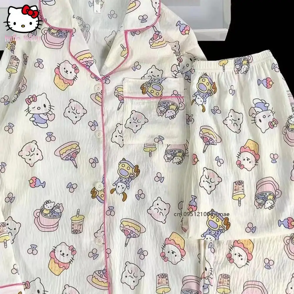 Sanrio 헬로 키티 여성 여름 잠옷 긴 소매 오픈 카디건 세트 여성용 가정 의류 편안한 통기성 잠옷 귀여운