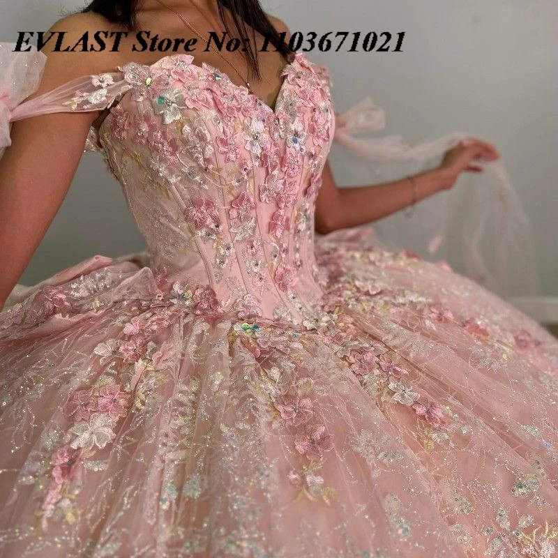 EVLAST Personalizzato Rosa Abito Quinceanera Abito di Sfera 3D Applique Floreale Che Borda Mantello Corsetto Dolce 16 Abiti De XV 15 Anos SQ4