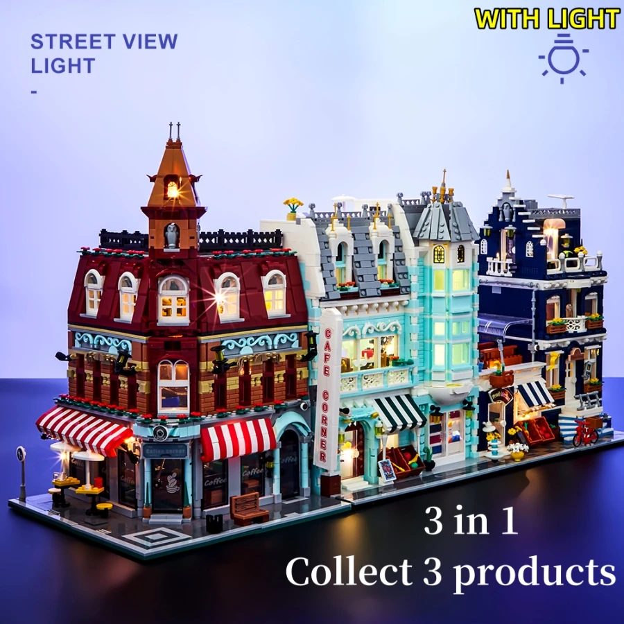 European Market Street Villa House Model  Building Blocks MINI Creative Architectural Scene Light Assemble Brick Toy Kid Gift