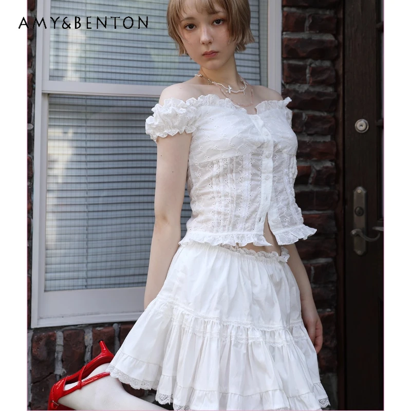 

Korean 2025 Summer New White Off-Shoulder Women's Top Original Design Lace Hollow Out Splicing Trim Umbrella Skirt Set Ladies