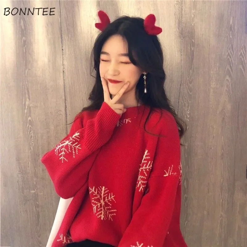 

Red Printed Pullovers Women Christmas Loose Vintage Holiday Leisure Design Chic Sweet O-neck Couple Fashion Clothing Knitted Ins