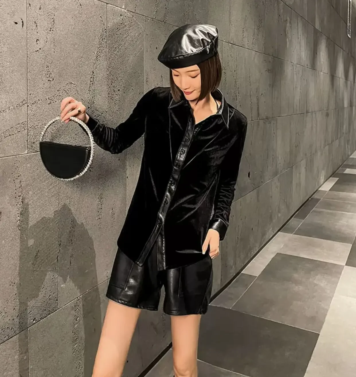Vintage Black Velour Shirts Women PU Patchwork Velvet Shirts Women office lady Velour Patcwork PU Shirt