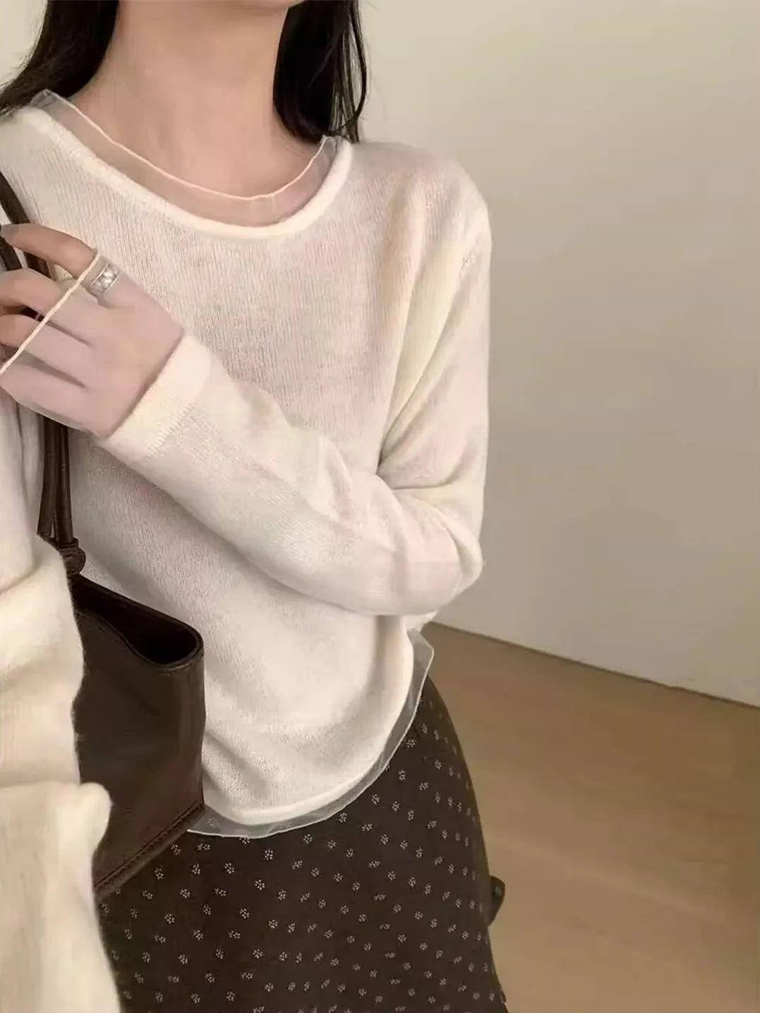 

Корейский белый кружевной вязаный укороченный топ Long Sve, женский осенне-зимний облегающий топ ort Length Base irt, внутренняя одежда