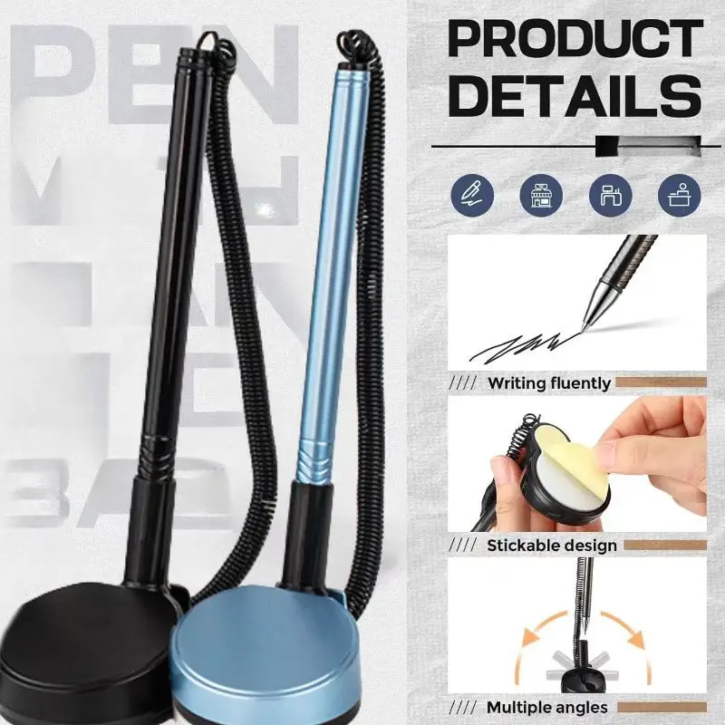 3pcs Retractable Office Pen Adhesive Desktop, Fixed Strap, Comfortable Grip, Suitable for Office, Hotel and Bank Counter