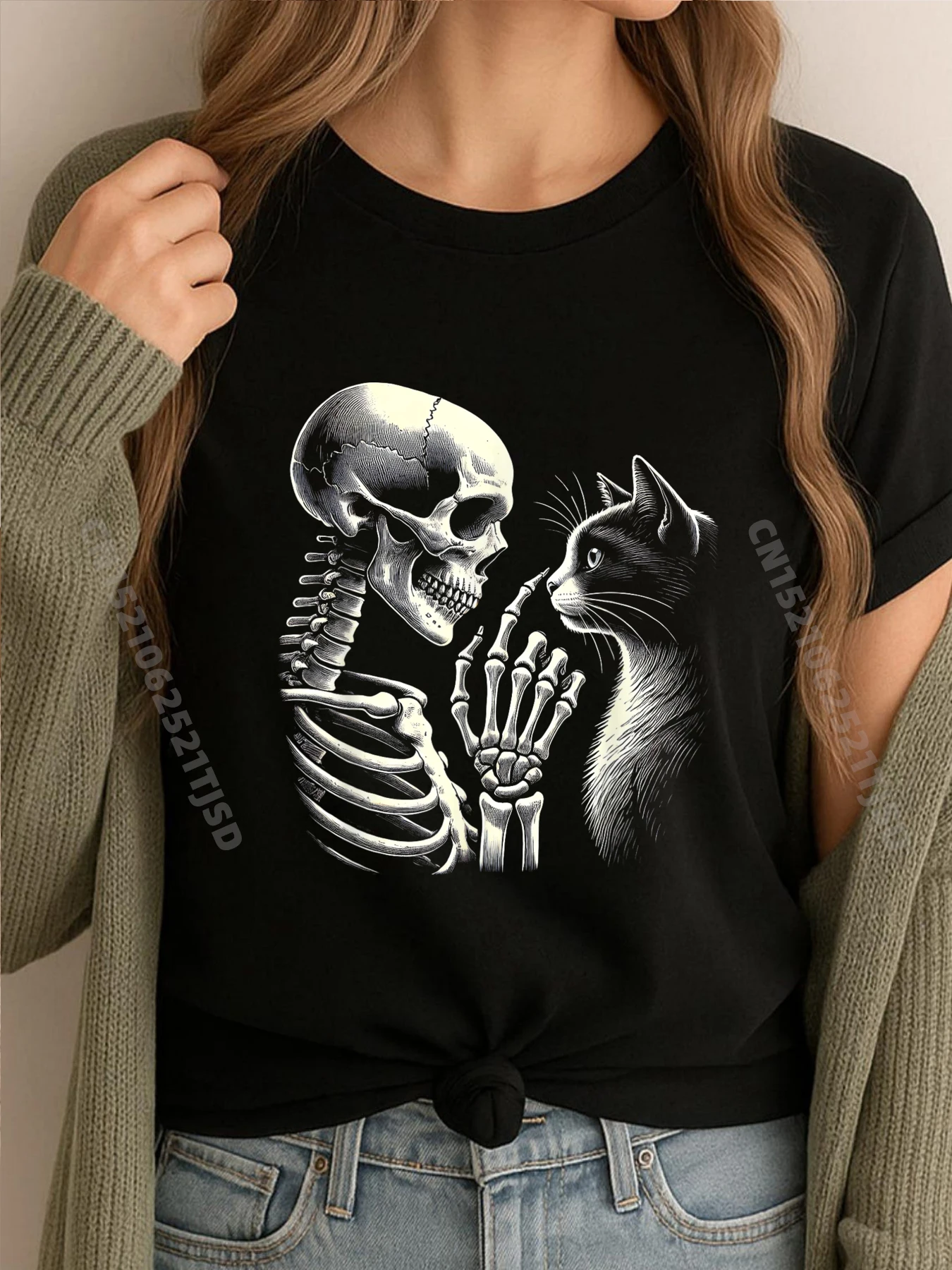 

Милый кот, нос, скелет, рука, забавные футболки с рисунком для любителей кошек на Хэллоуин, женские футболки большого размера, Camisas De Hombre, Пасхальный день