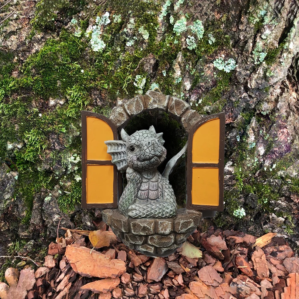 Dragon Opening Door Sculpture Dinosaur Climbing Windows Figurines Resin Waterproof Garden Tree Ornament Supplies
