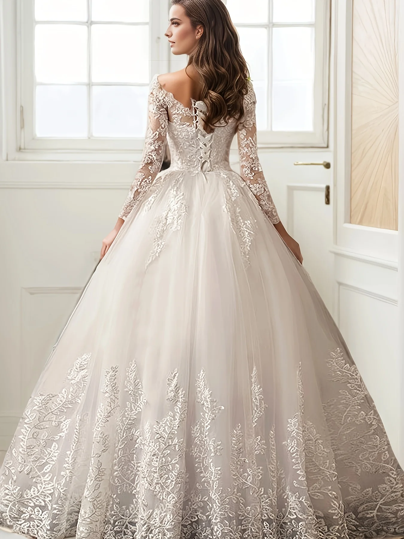 カスタムメイドのオフショルダー軽量高級Aラインウェディングドレス、絶妙なコントラストレース刺繍のエレガントなパーティードレス