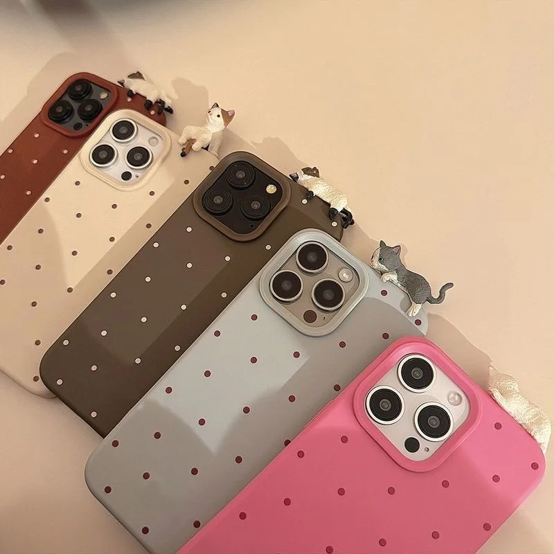 Niedliche Cartoon 3D-Katzen-Dekorations-Handyhülle mit Polka-Dot-Muster für iPhone 16 17 18 Pro Max Hülle iPhone 15 14 Plus 12 13 11 Pro Max Cover – Detail 6