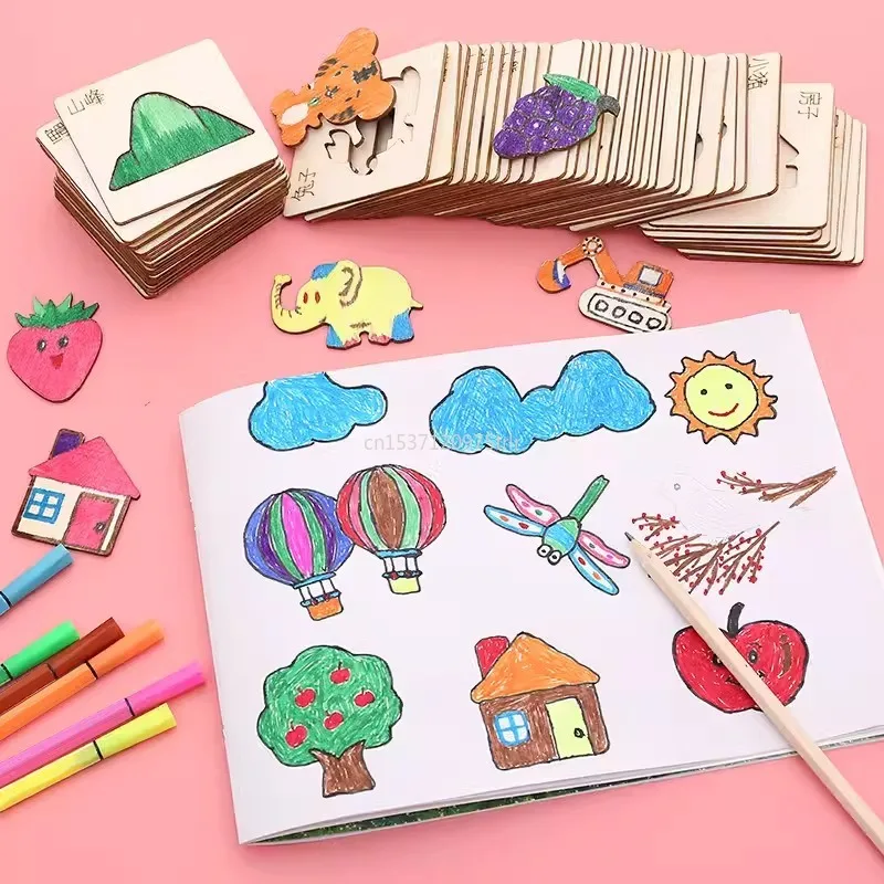 20/32Pcs Montessori Kids Drawing Toys Wooden DIY Painting Template Stencils Learning Educational Toys for Children Gifts