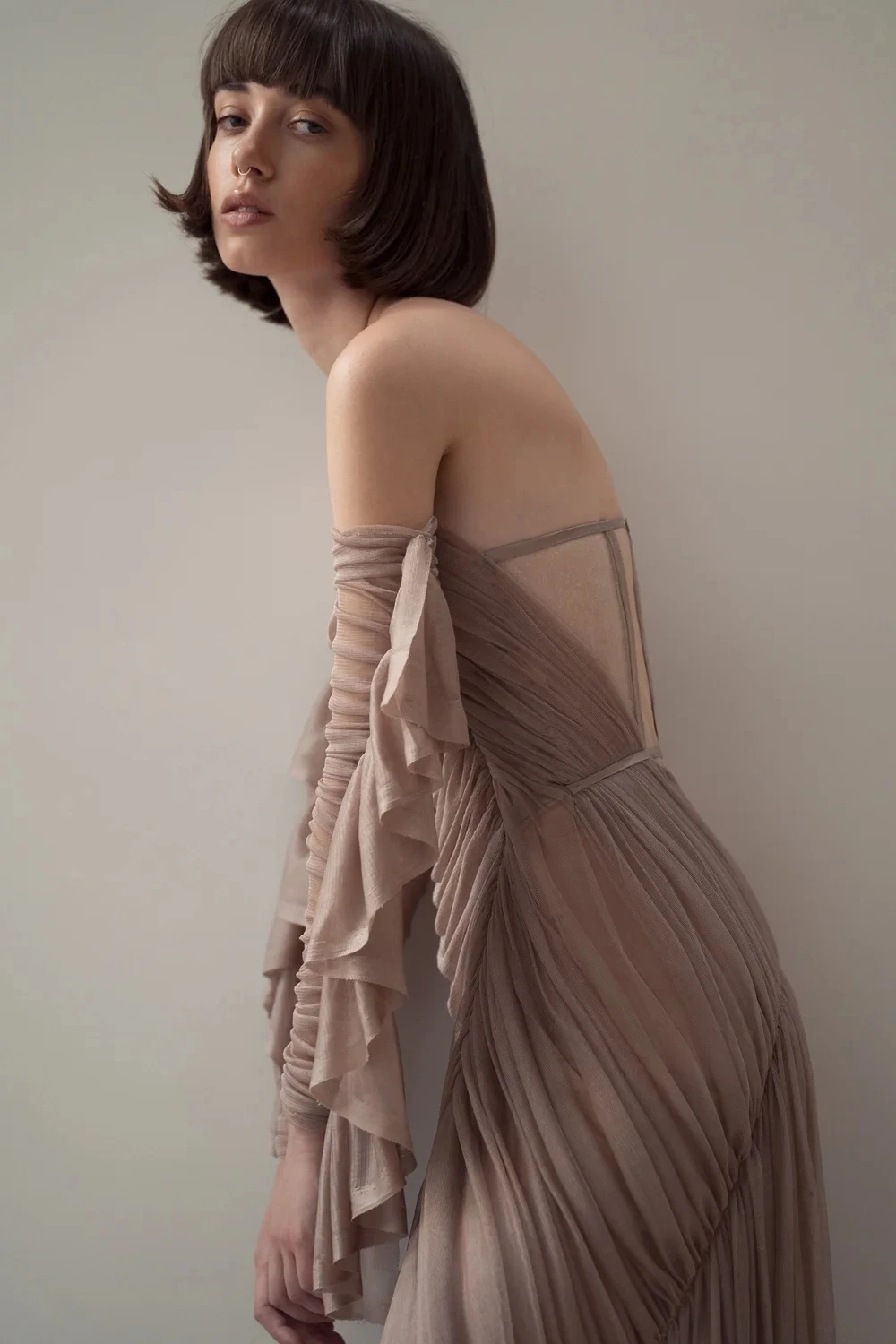 Unieke volledige geplooide jurk voorzien van verzamelde avond maxi-jurken met off-shoulder lange mouwen bruiloft feestjurk op maat Mad