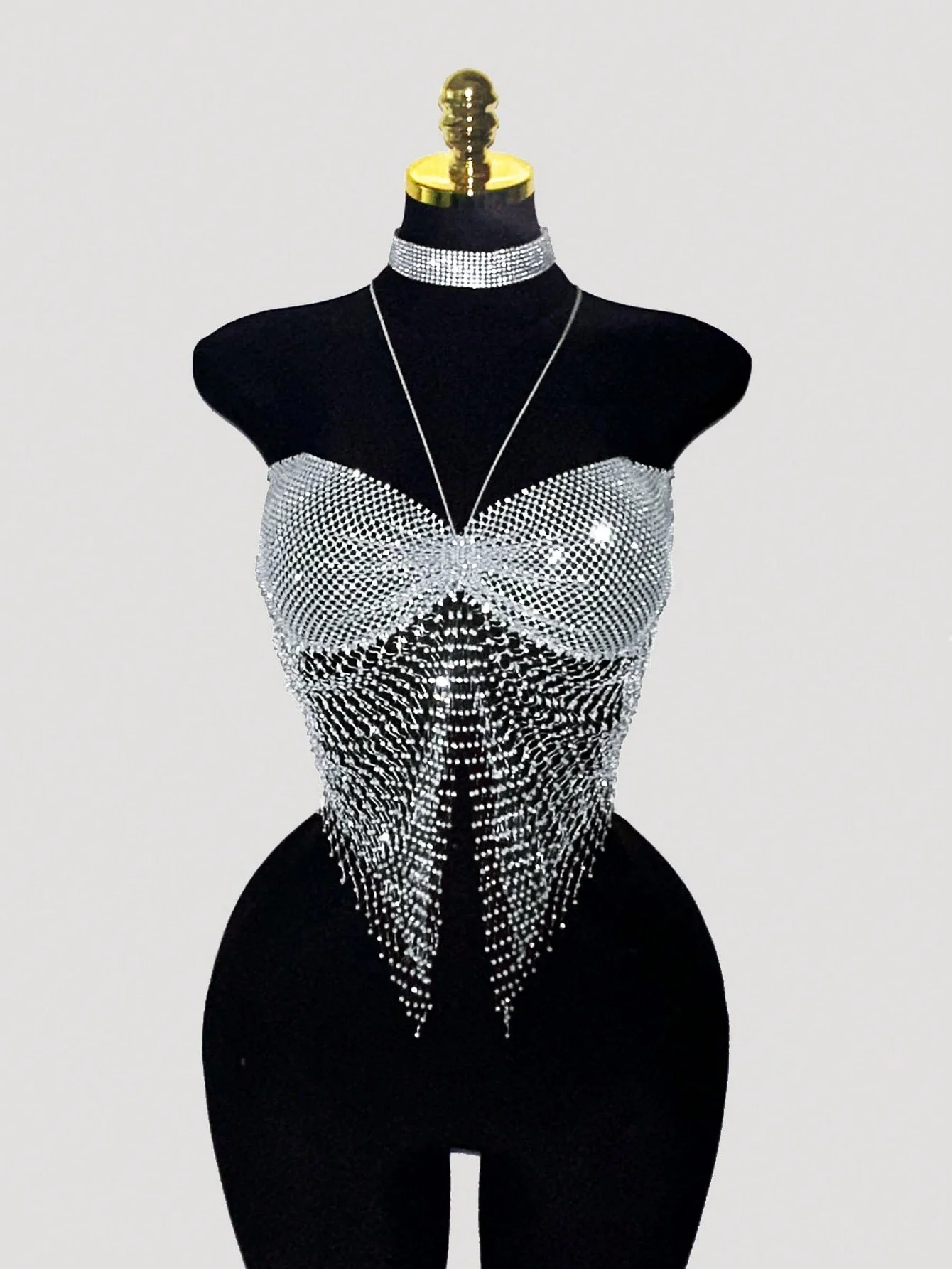 Fashion Rhinestone Halter Crop Top For Women Sexy Sparkle Crystal Mesh Fringe Backless Tank Top Party Club Rave Nightclub Outfit