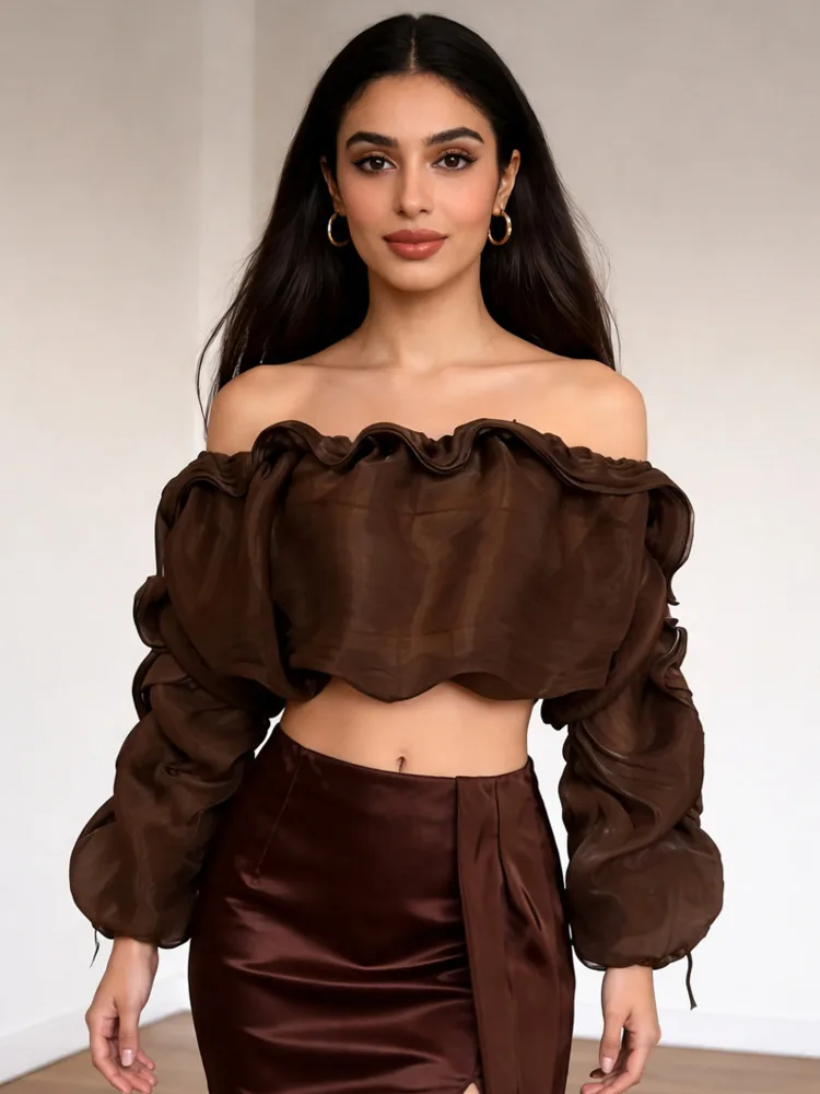 ONEXWEN Women Off Shoulder Ruffle Blouse Sheer Organza Top Sexy Crop Top Puff Sleeve Elegant Party Club Top Fashion 2026 ZM5190