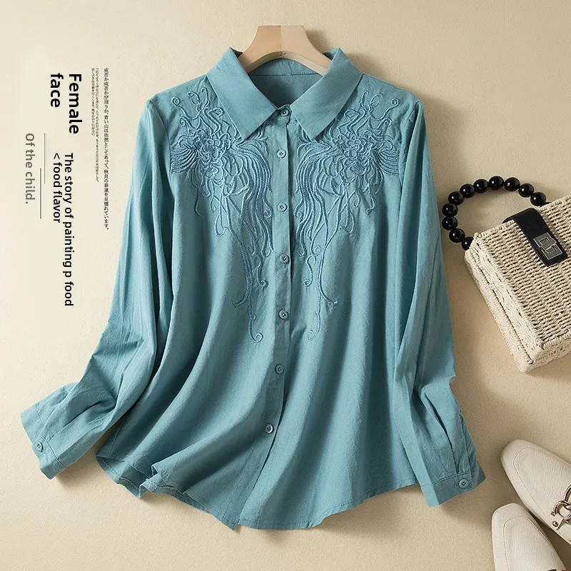 

Женский свободный костюм для похудения из хлопка и льна с тяжелой вышивкой, длинный воротник на пуговицах, осенний сезон