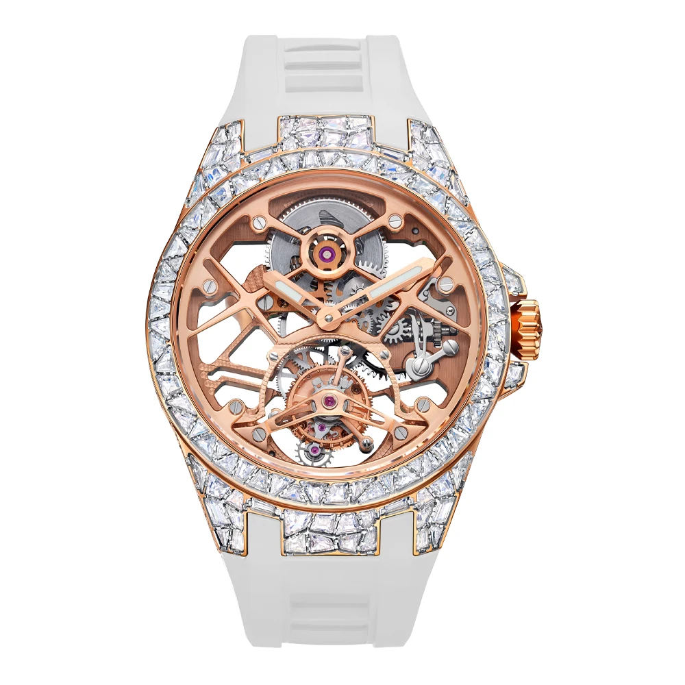 TIELBO Skeleton Mechanical Mens Watches Flying Tourbillon Movement Watch For Men Case Inlaid With Irregular Lab Crown Crystals A