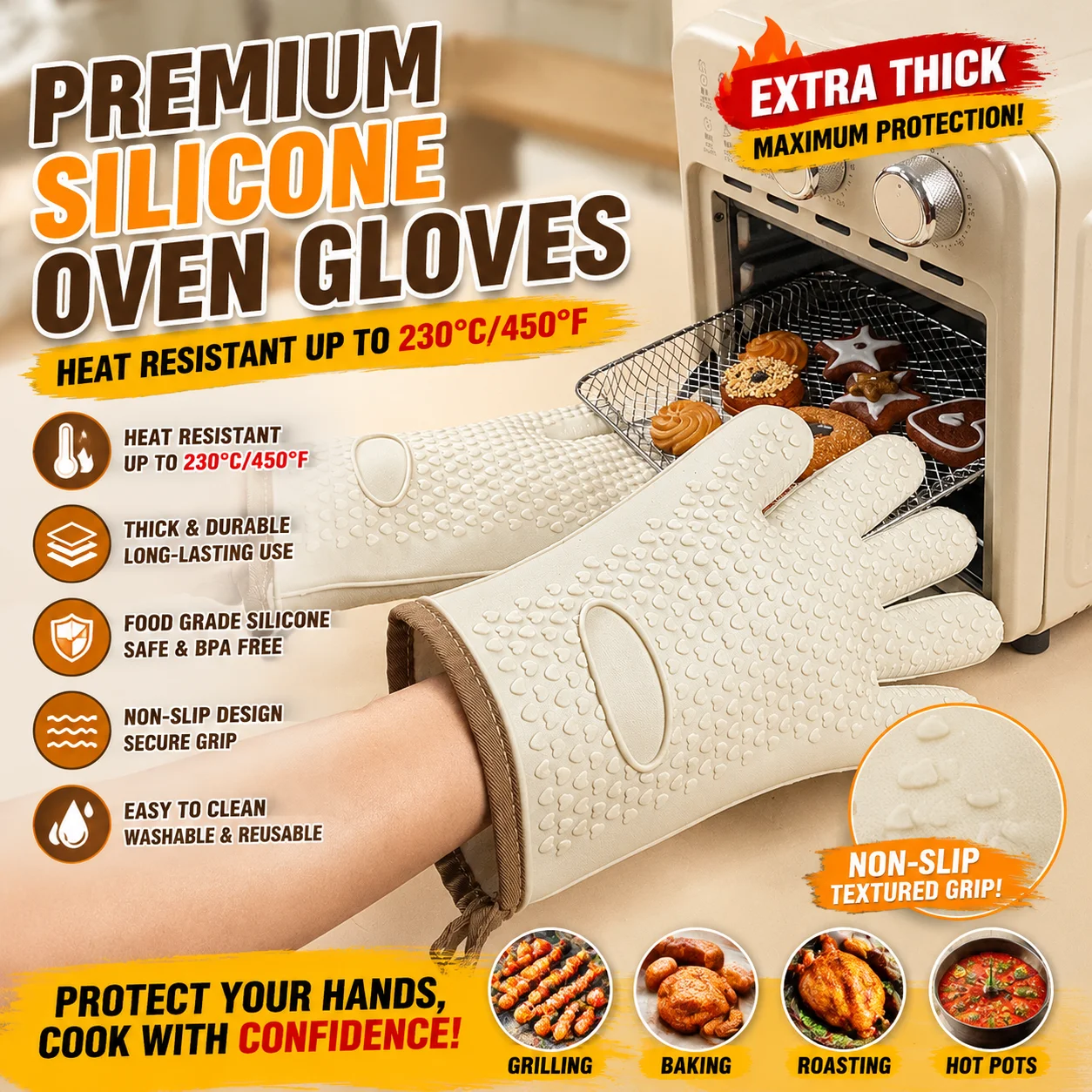 Anti scald gloves, heat-insulating and thickened silicone kitchen specific baking and high-temperature resistant gloves