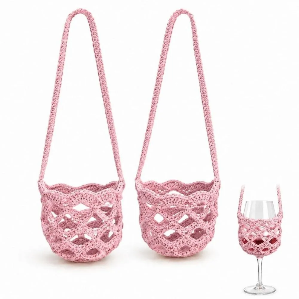 Portable Knitted Crochet Wine Glass Crossbody Bag Solid Color Handmade Water Tote Bag Wine Bottle Carrier Party Decor