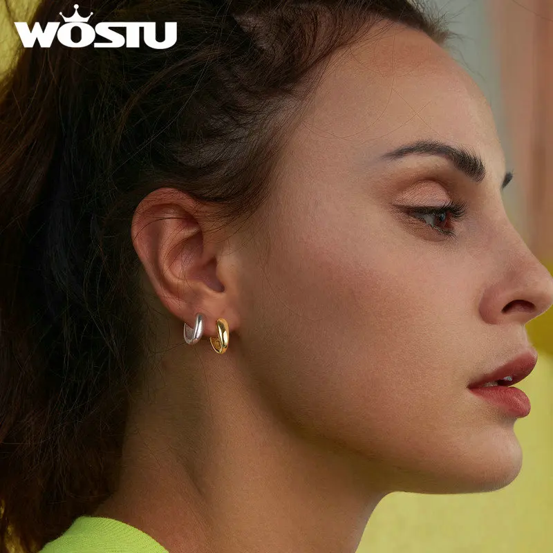 WOSTU 925 Sterling Silver Minimalist Plain Silver Plated Two-tone Ear Buckles Hoop Earrings For Women Trend Engagement Jewelry