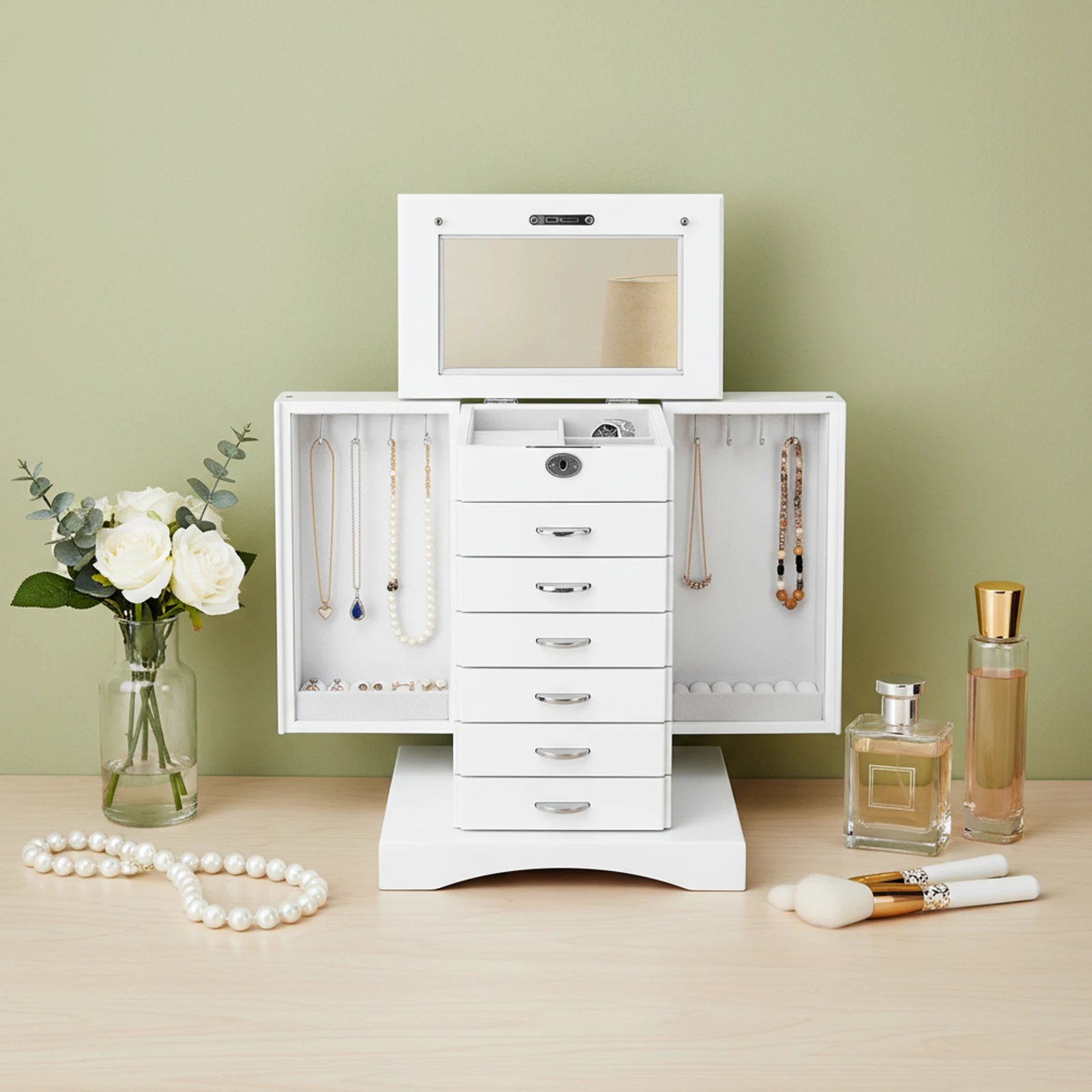 Large Capacity 7-Layer Jewelry Organizer MDF Flocking Lining Necklace Hooks For Earrings Rings Watches Valentine’s Day Gift