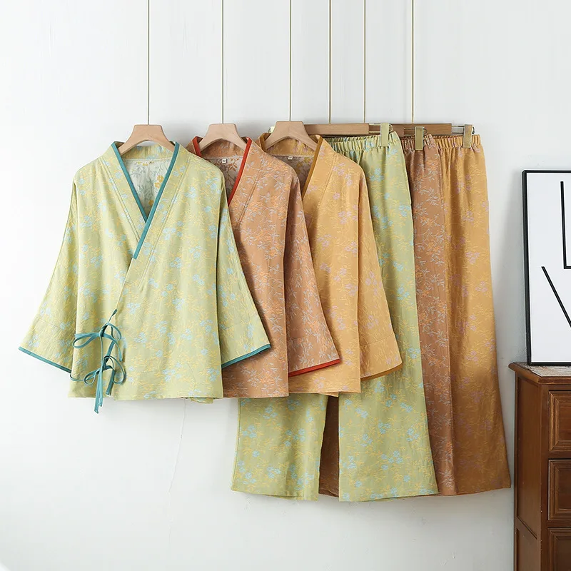 Chinese Kimono Suit Women 100% Cotton Crepe Pajamas Half Sleeved Trousers Two-piece Kimono Suit for Women's Sleepwear Two-Piece