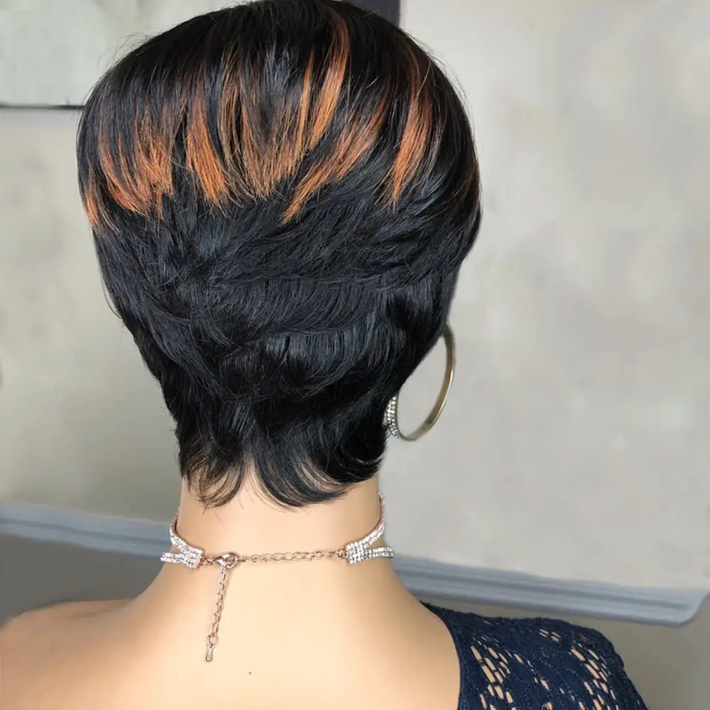 하이라이트 픽시 컷 혼합 Color1B/30 헤어 스타일 짧은 스트레이트 인간의 머리 가발 흑인 여성을위한 앞머리 기계 제작