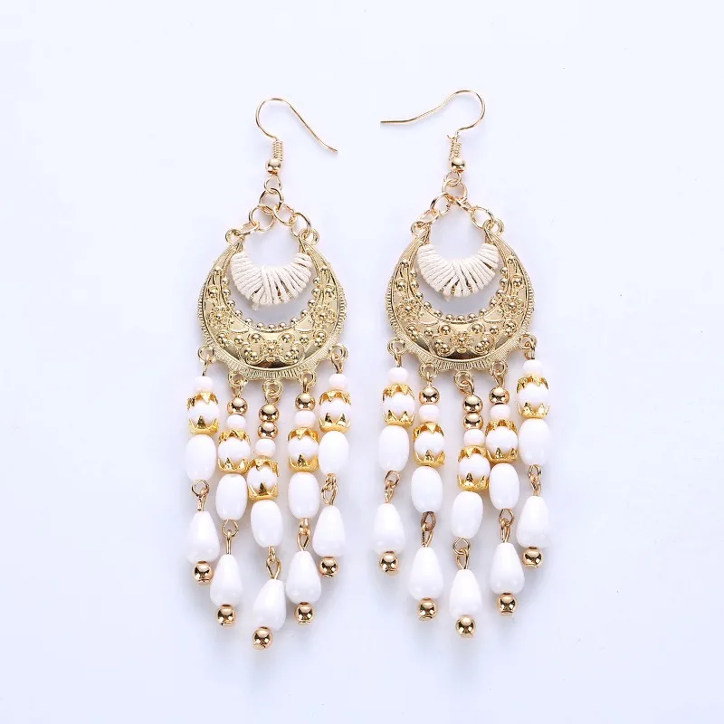 1Pair Bohemian Style Moon Tassel Earrings for Women Fashion Vintage Bead Curtains Earrings Girl Party Decoration