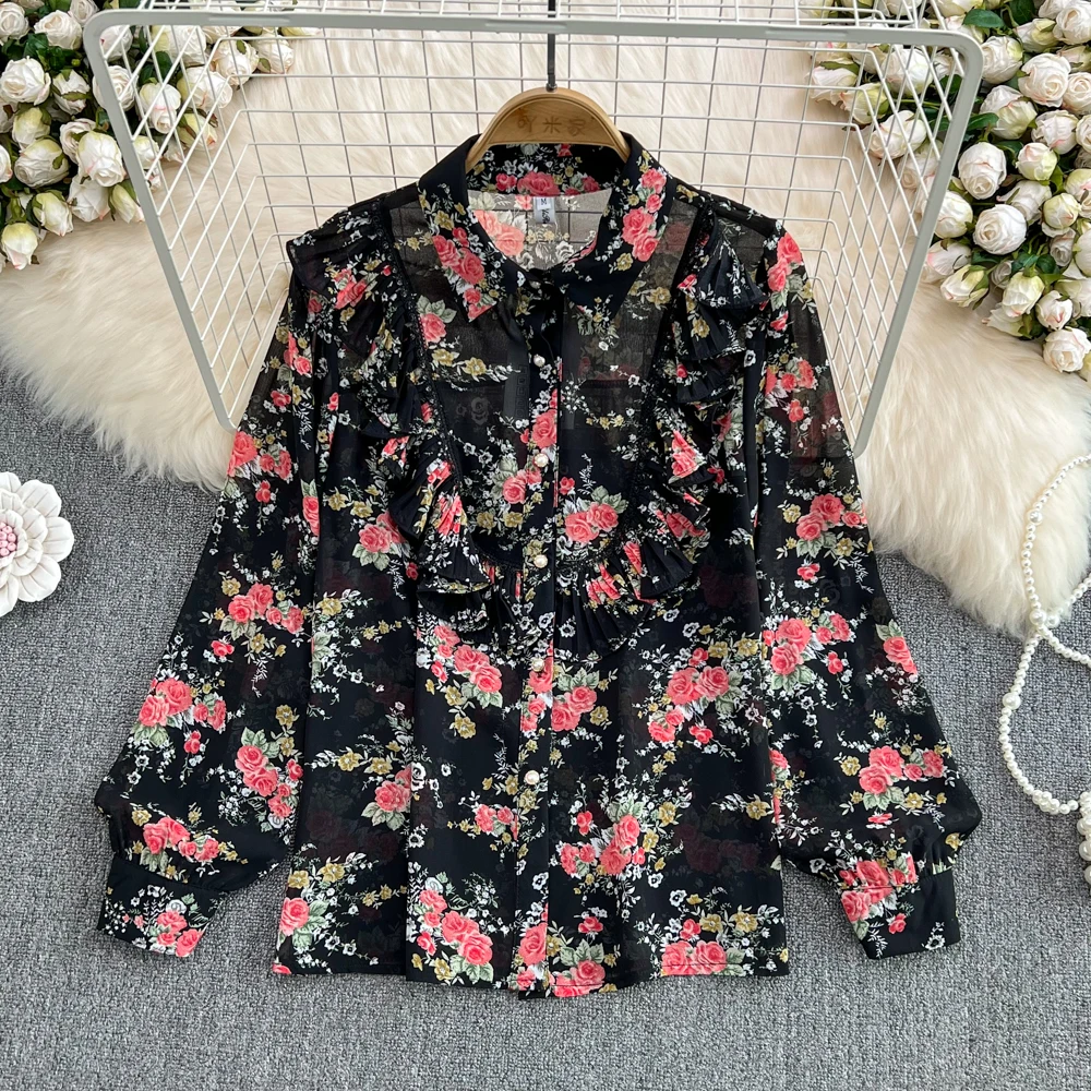 Special Offer New Spring Autumn Women Long Sleeve Loose Shirt High Quality Sweet Pleated Ruffles Black Floral Chiffon Shirt