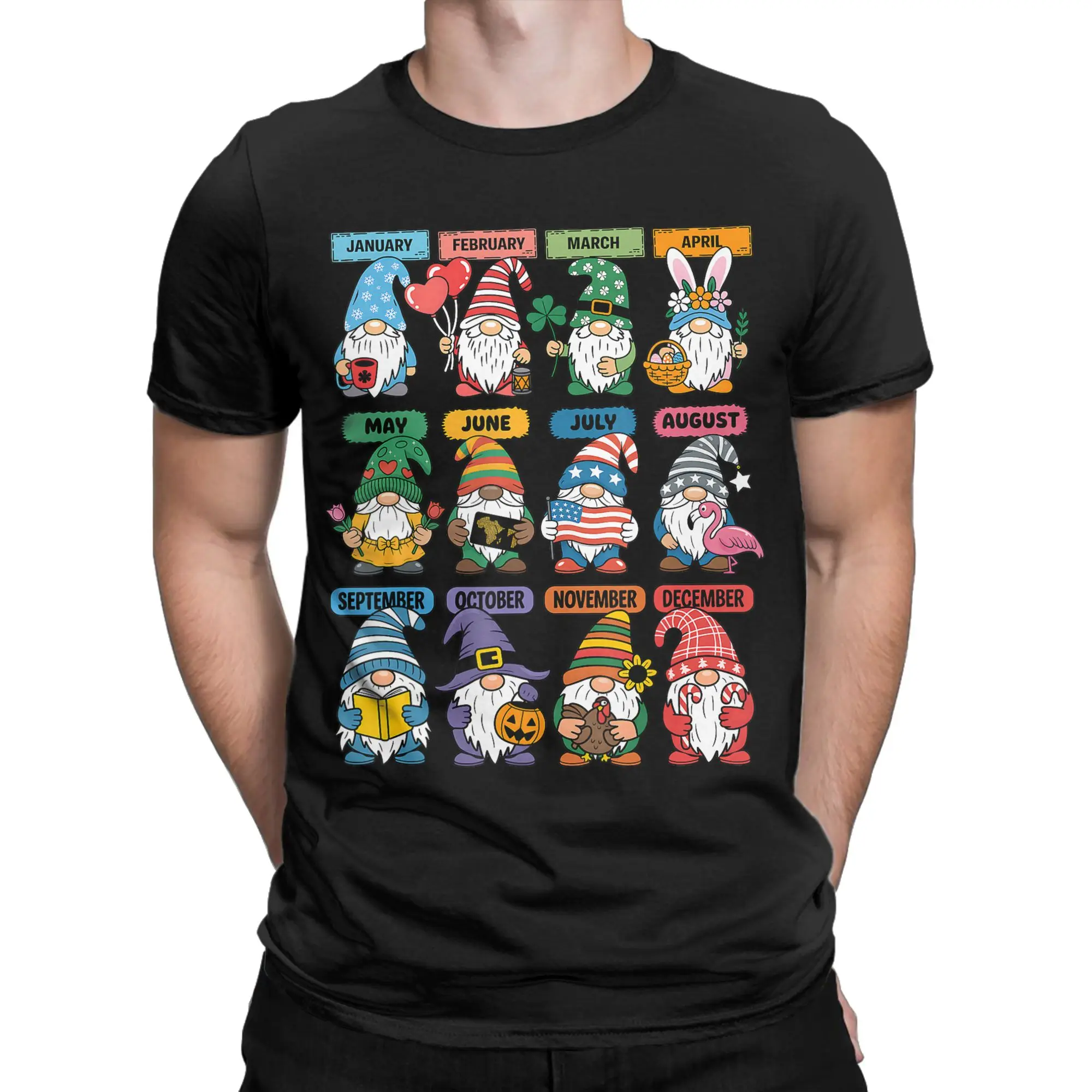 Striped Pointed Hat  Classic Christmas Gnome Graphic 100% Cotton T-Shirt Tops Tees For Men