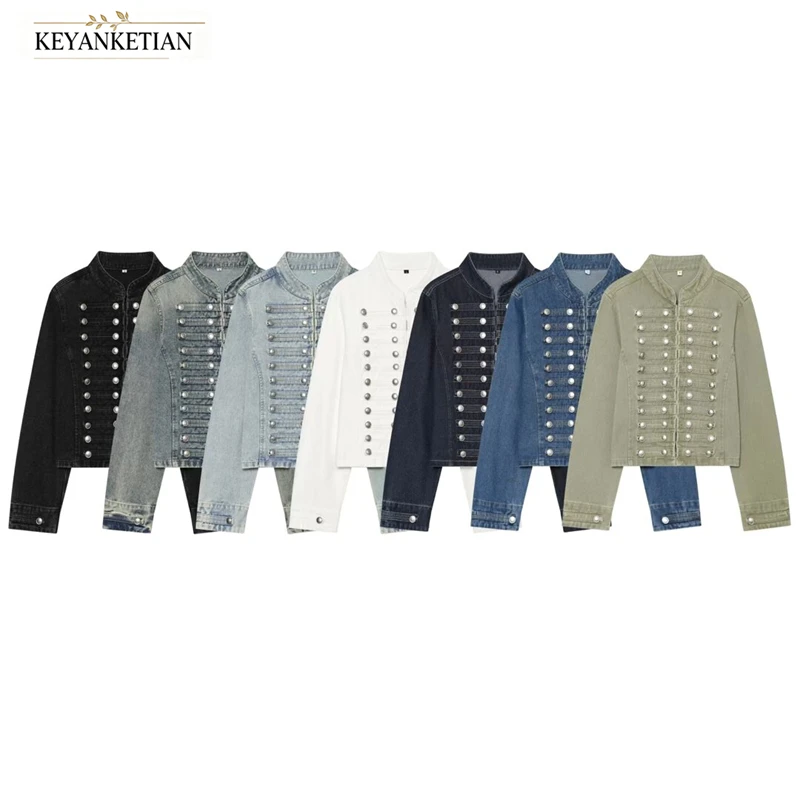 KEYANKETIAN 2026 Vintage Napoleon Style Women Cropped Denim Jacket Multi Row Metal Buttons Slim Fit Washed Short Outerwear Top