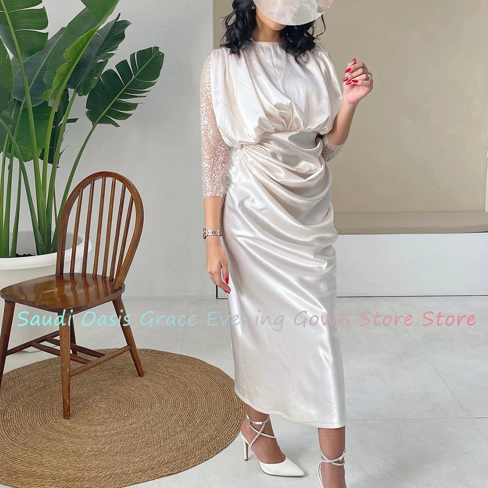 Exquisite Satin Straight Sequined Evening Dress High Quality Ankle Length Crew neck 3/4 Sleeves vestidos de fiesta