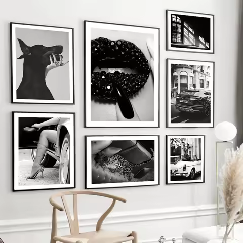 A4 9x13cm 5x7 Black Photo Frame With Canvas Painting Luxury Car Lips Doberman Leopard Retro Black White Wall Art Poster Frame