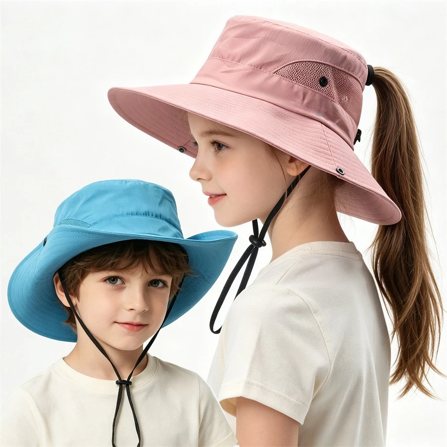 Summer Kids Outdoor Sun Hat with Pony Tail Hole Fisherman Hat for Boys Girls UV Protection Beach Hiking Camping