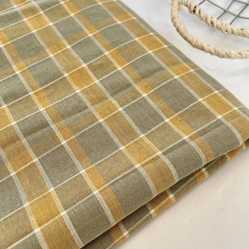 Vintage Yellow Green Washed Plaid Check Crinkle Cotton Linen Fabric Breathable Tablecloth Handcraft DIY Craft Material Garment