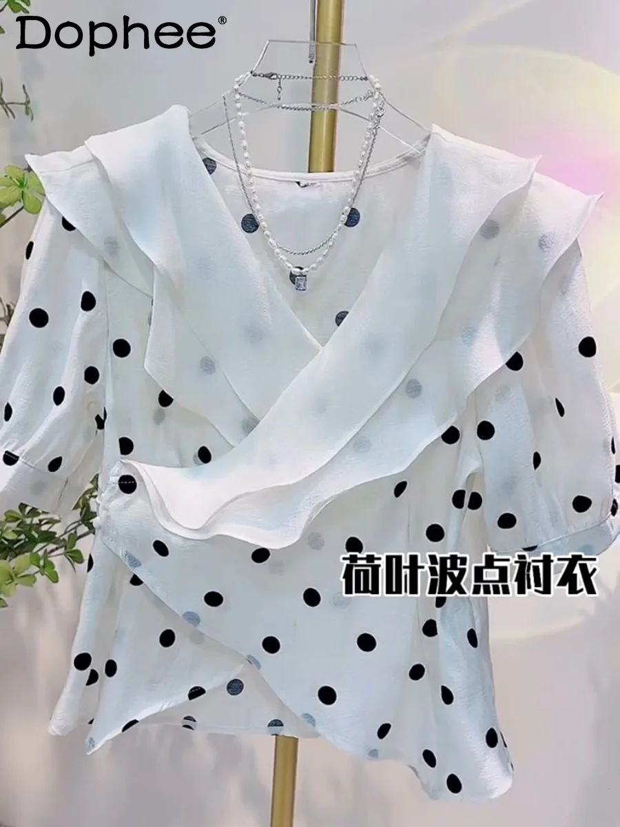 Polka Gentle Elegant Dot Short Sleeve Shirt Women 2023 Spring Summer New Ruffled White Pullover Blouse Crop Top Camisas De Mujer