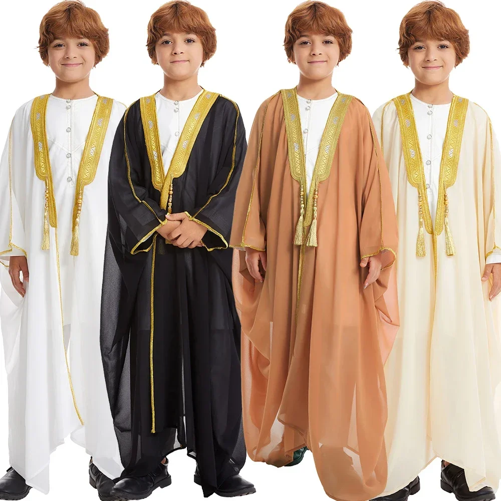 Eid Jubba Thobe for Men Boys Embroidered Tassel Kimono Abaya Muslim Kids Dubai Turkey Dishdasha Dress Kaftan Robe Gown Kebaya